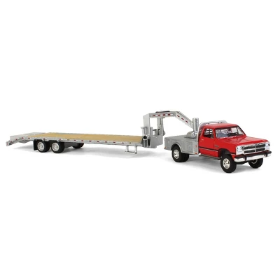 Greenlight Collectibles 1/64 1992 Dodge Ram 1st Generation Truck Red With Silver Flatbed & Silver Gooseneck Trailer 51387-B 3 Greenlight Collectibles 1/64 1992 Dodge Ram 1st Generation Truck Red With Silver Flatbed & Silver Gooseneck Trailer 51387-B