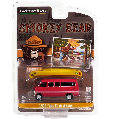 1969 Ford Club Wagon Van Red W/Canoe On Roof "Care Will Prevent 9 Out Of 10 Forest Fires!" 1/64 Diecast Model Car By Greenlight 4 1969 Ford Club Wagon Van Red W/Canoe On Roof "Care Will Prevent 9 Out Of 10 Forest Fires!" 1/64 Diecast Model Car By Greenlight - Image 2