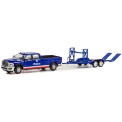 2020 Ram 2500 Laramie Truck Blue With Red And White Stripes "Mopar" And Tandem Car Trailer 1/64 Diecast Model Car By Greenlight