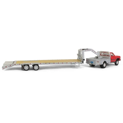 Greenlight Collectibles 1/64 1992 Dodge Ram 1st Generation Truck Red With Silver Flatbed & Silver Gooseneck Trailer 51387-B 4 Greenlight Collectibles 1/64 1992 Dodge Ram 1st Generation Truck Red With Silver Flatbed & Silver Gooseneck Trailer 51387-B - Image 2