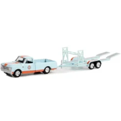 1968 Chevrolet C-10 Shortbed Truck Light Blue And Orange And Tandem Car Trailer "Gulf Oil" 1/64 Diecast Model Car By Greenlight