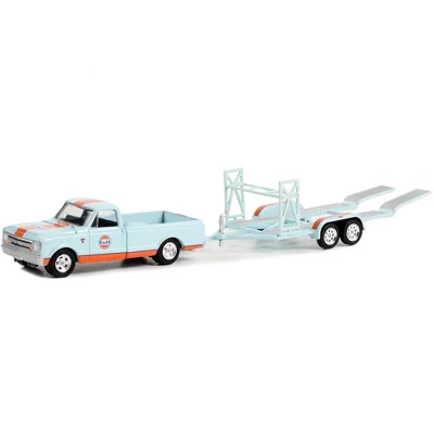 1968 Chevrolet C-10 Shortbed Truck Light Blue And Orange And Tandem Car Trailer "Gulf Oil" 1/64 Diecast Model Car By Greenlight 3 1968 Chevrolet C-10 Shortbed Truck Light Blue And Orange And Tandem Car Trailer "Gulf Oil" 1/64 Diecast Model Car By Greenlight