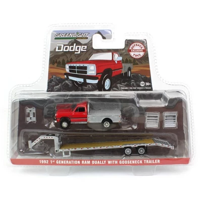 Greenlight Collectibles 1/64 1992 Dodge Ram 1st Generation Truck Red With Silver Flatbed & Silver Gooseneck Trailer 51387-B 7 Greenlight Collectibles 1/64 1992 Dodge Ram 1st Generation Truck Red With Silver Flatbed & Silver Gooseneck Trailer 51387-B - Image 5
