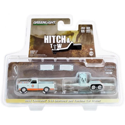 1968 Chevrolet C-10 Shortbed Truck Light Blue And Orange And Tandem Car Trailer "Gulf Oil" 1/64 Diecast Model Car By Greenlight 4 1968 Chevrolet C-10 Shortbed Truck Light Blue And Orange And Tandem Car Trailer "Gulf Oil" 1/64 Diecast Model Car By Greenlight - Image 2