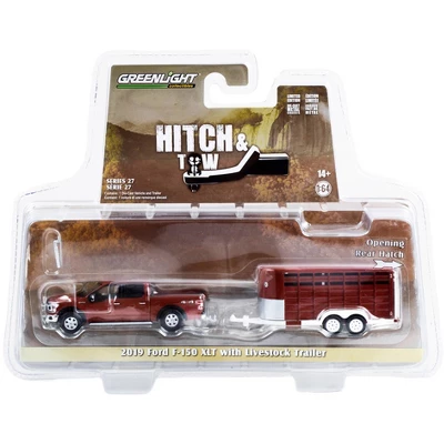 2019 Ford F-150 XLT Pickup Truck Red And Livestock Trailer "Hitch & Tow" Series 27 1/64 Diecast Model Car By Greenlight 4 2019 Ford F-150 XLT Pickup Truck Red And Livestock Trailer "Hitch & Tow" Series 27 1/64 Diecast Model Car By Greenlight - Image 2