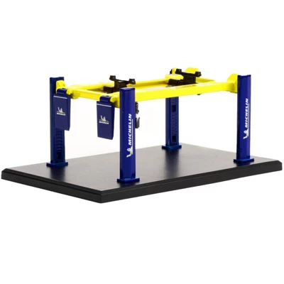 Adjustable Four-Post Lift "Michelin" Blue And Bright Yellow "Four-Post Lifts" Series 3 1/64 Diecast Model By Greenlight 3 Adjustable Four-Post Lift "Michelin" Blue And Bright Yellow "Four-Post Lifts" Series 3 1/64 Diecast Model By Greenlight