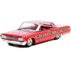 1964 Chevrolet Impala Lowrider Pink Metallic With Rose Graphics And Pink Interior 1/64 Diecast Model Car By Greenlight