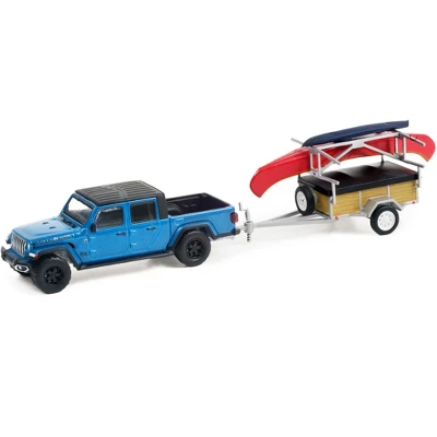 2021 Jeep Gladiator Texas Trail Pickup Hydro Blue Pearl W/Canoe Trailer, Rack & Kayak 1/64 Diecast Model Car By Greenlight 3 2021 Jeep Gladiator Texas Trail Pickup Hydro Blue Pearl W/Canoe Trailer, Rack & Kayak 1/64 Diecast Model Car By Greenlight